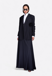 Model wearing flower-embellished black blazer, front view – East Vibe